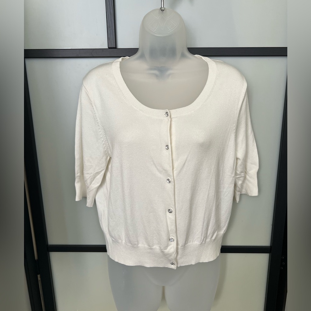 Express 2009 Large Knit Lightweight Cardigan Ivory White Crystal Buttons